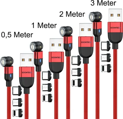 Produktbild von Magnet Ladekabel 4er Set (0,5 Meter+1Meter+2 Meter+3 Meter) SOONTEC Magnetladekabel drehbar 360°&180° mit je 3 Stecker Micro USB/ USB-C/ Lightning 3,0 A Ladekabel (Rot)