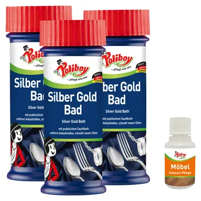 Produktbild von Poliboy Silber Gold Bad - 3x375ml - mit praktischem Tauchkorb - verleiht neuen Hochglanz und reinigt selbstständig - mit Möbel Probe - 99A4201