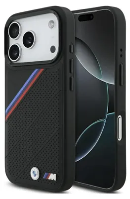 A black iPhone case with the BMW M tricolor stripe and logo is shown next to an iPhone.