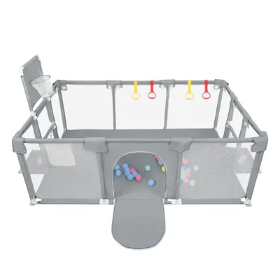 Produktbild von Laufstall baby 180x120cm,Laufgitter mit Basketballkorb,Fußballnetzen,Zugring,Schutzgitter mit Rutschfester Basis, Krabbelgitter für Kinder