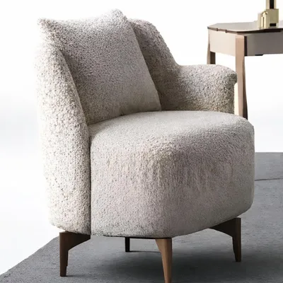 Obrázok produktu pre Elegantné dizajnové kreslo v béžovej farbe s poťahom z materiálu bouclé a drevenými nohami