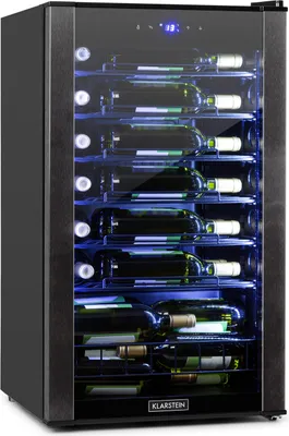 Produktbild von Klarstein Vinomatica Weinkühlschrank, Kapazität 36 Flaschen, 95 Liter, Temperaturen: 4-18 °C, Touch-Bedienfeld, 6 Präsentationsregal, LED-Innenbeleuchtung, freistehend, schwarz