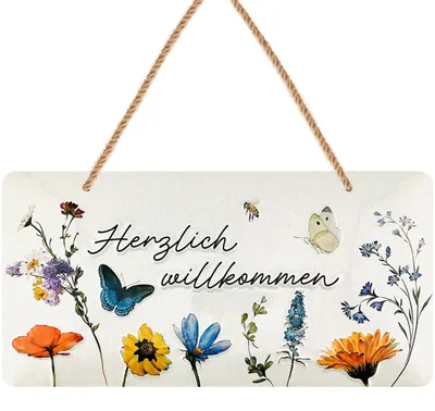Produktbild von Retro Blechschild HERZLICH WILLKOMMEN Schild - willkommen Deko Garten, Schild für Haustür und Eingangstür mit Spruch - Willkommensschild