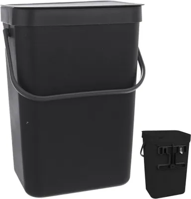 A black hanging trash can with a handle and lid, shown against a white background. A smaller inset image shows the back of a similar trash can with mounting hardware.