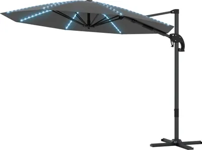Produktbild von Alu Ampelschirm LED Solar Ø300 cm höhenverstellbar Sonnenschirm mit Kurbel Ständer UV50+ Dunkelgrau