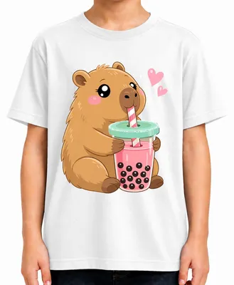 Immagine prodotto di T-shirt con stampa di un capibara carino, stile "boba bubble tea", design giapponese anni 1990/2000, personaggio animale, per bambini, colore bianco, taglia 104