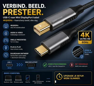 Productafbeelding van DrPhone DNC2 USB-C naar Mini DisplayPort Kabel 1.8M – 4K@60Hz – Thunderbolt 3