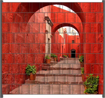 Produktbild von Wallario Zaunsichtschutz mit Motiv Roter Torbogen für Ein- und Doppelstabmatten Zäune in der Größe 200 x 180 cm