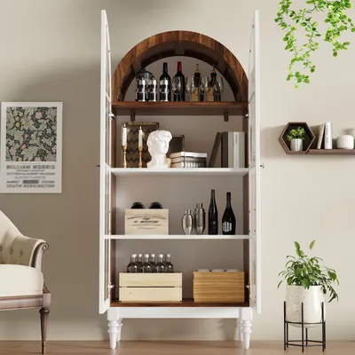 Produktbild von okwish Retro Vitrine mit Metallgriffen und 3 Einlegeebenen,Glastüren im Bogen-Design,Aufbewahrungsschrank,großzügigem Stauraum,Nussbaum