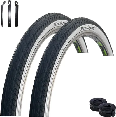 Image de 2 pneus de vélo maxxi4you HY 156 noir/blanc 47-559 (26 x 1,75) + 2 chambres à air AV adaptées, démonte-pneus maxxi4you inclus