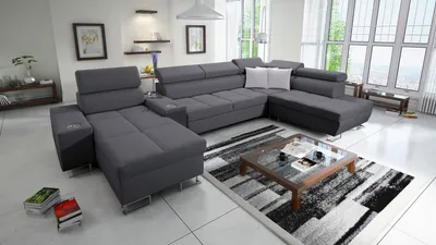 Produktbild von Polsterecke in U-Form Wohnzimmer Couch MOREN V Big Sofa Ecksofa Ottomane Links Eckcouch mit Schlaffunktion Grau Stoff SAWANA 96
