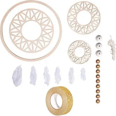 Zdjęcie produktu dla ZestawDreamcatcher XL 74 cm drewniany krążek ø 18 cm, koraliki, sznurek, piórka + złota brokatowa wstążka 5 m