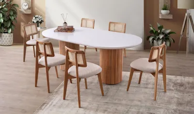 Obrázek produktu pro Oválný jídelní stůl s bílou deskou a rýhovanou dřevěnou sloupovou podnoží