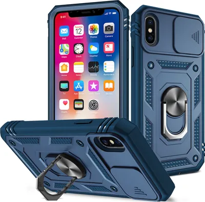 Immagine prodotto di Custodia per iPhone X / iPhone XS protezione fotocamera scorrevole, resistente agli urti, con supporto ad anello, supporto e portacarte Blu