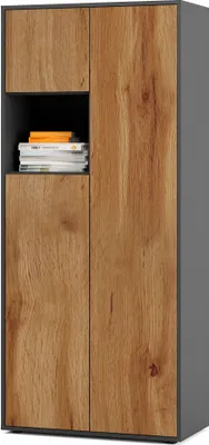 Image de SIMPLYFURN Armoire de bureau Amira T10 meuble de rangement avec petite étagère ouverte, Anthrazit & Chêne Wotan, ouverture par pression, 180x80x40 cm idéal pour dossiers et objets décoratifs