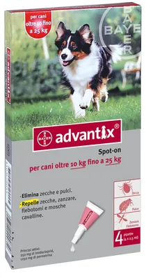Produktbild von Advantix für Hunde von 10 bis 25 kg, Spot-On-Präparat zur Abwehr von Flöhen, Zecken und Mücken, BAYER - 4 Pipetten