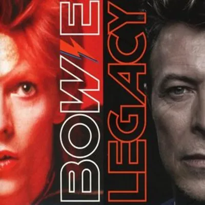 A split image showing two portraits of David Bowie, with text overlaid vertically.