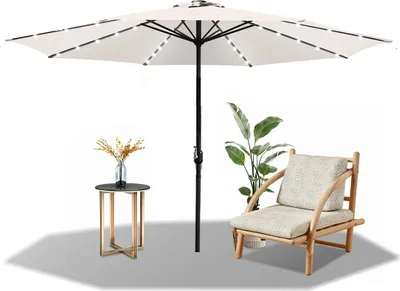 Produktbild von Faziango 3.5m Sonnenschirm UV50+ Sonnenschutz Gartenschirm Strandschirm LED Solar, ohne knickbar, Schirmtuch mit PA-Beschichtung, Beige