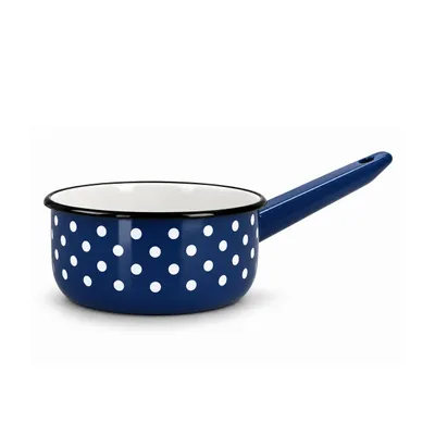 Produktbild von Kuketo | Emaille Milchtöpfe 1,5 l – Stieltopf Blau mit weißen Punkten – Retro Design – Induktion Gas Elektro – robust hygienisch pflegeleicht