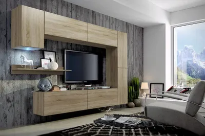 Image de Furnitech Meuble-paroi salon | Meubles de salon avec LED bleu | Meuble-paroi suspendu moderne | Meuble-paroi salon avec étagères et meuble TV (Future C6/S/M4 1A)