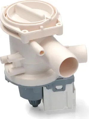 A white plastic washing machine drain pump is shown against a white background.