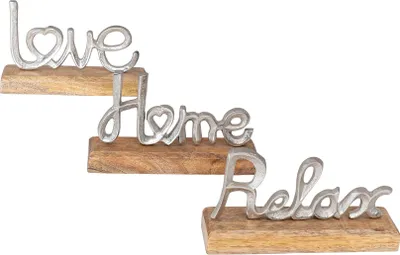 Produktbild von 3er Set Schriftzug Love Home Relax Silber Mango Holz Metall Aufsteller Deko
