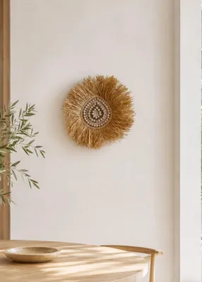 Produktbild von Wallity, RAFFIA Wanddeko mit Holzperlen & Makramee, 20 cm, Natur