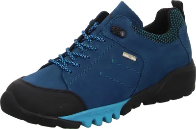 A single blue hiking shoe is shown against a white background.