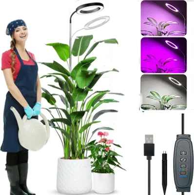 A woman watering plants next to a grow light, with inset images showing the light in different colors and its components.