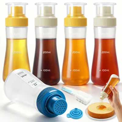 5 Sirup-Knijpfles 350 ml mit Maßeinteilung, Etiketten, Trichter & Bürste
