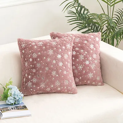 Produktbild von 2er Set Plüsch Kissenbezug 45 x 45 cm Silber Schneeflocke Dekokissen Kissenhülle, Pink