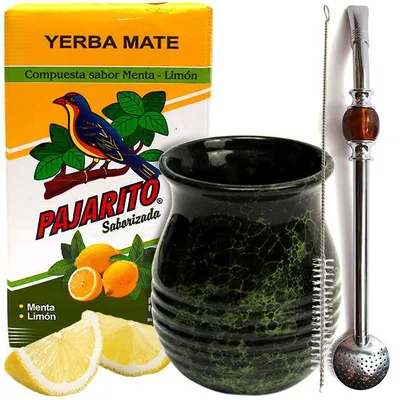 Image de Kit Yerba Mate Pajarito, saveur citron, avec une calebasse et une bombilla – idéal pour débuter