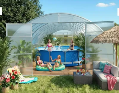 Produktbild von Poolabdeckung von Garten Dream. 4x8M mit 6mm polycarbonate Ganzjährige Nutzung. Schnee- und winddicht. Doppeltüren auf jeder Seite. Rostschutz.