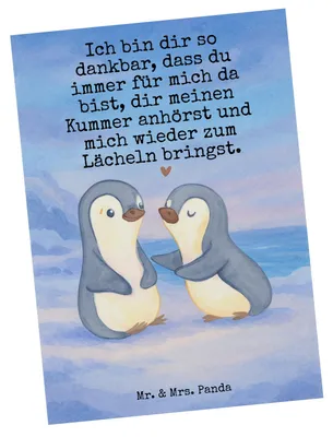 Produktbild von Mr. & Mrs. Panda Fotokarte Pinguine trösten Design - Weiß - Geschenk, Postkarte, für Freundin, Ansichtskarte, Freund, Hochzeitstag, Mitbringsel, Ansichtskarten, Grußkarte