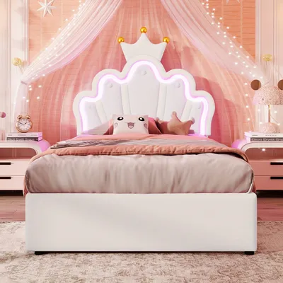 Image de Lit pour enfant 90x200 cm, blanc, avec couronne et tête de lit réglable, idéal pour les petites princesses