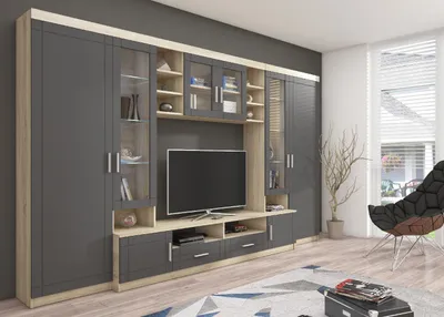 Produktbild von Wohnwand PARIS Große Schrankwand 340 cm Anbauwand Wohnkombi Wohnzimmer Graphit/Sonoma