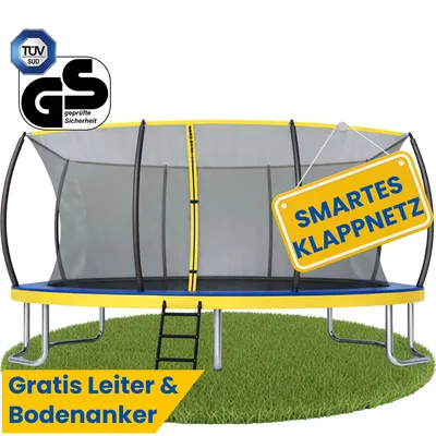 Produktbild von Zero Gravity Trampolin 457x305 cm inkl. Leiter & 4 Bodenanker / Schneller Auf- und Abbau dank smartem Klappnetz / Max. 130 kg / Ultima 5 Fun-Edition