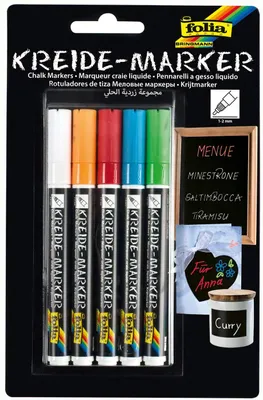 Produktbild von folia 390509 - Kreidemarker 5er Set, 5 Farben sortiert, Strichstärke ca. 1 - 2 mm, deckende Flüssigkreide auf Wasserbasis