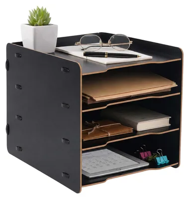Produktbild von Relaxdays Briefablage, DIN A4, 4 Fächer, HBT: 25 x 25 x 31 cm, MDF, Stecksystem, Ablagefächer Büro, Büroablage, schwarz