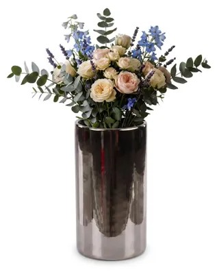 Productafbeelding van Ronde, zilverkleurige keramische vaas, hoogte 28 cm, diameter 13 cm, met een glad oppervlak en een glanzende uitstraling – een elegante decoratie voor woonkamer, slaapkamer, eetkamer, hal en kantoor, geschikt voor boeketten en droogbloemenarrangementen van het merk