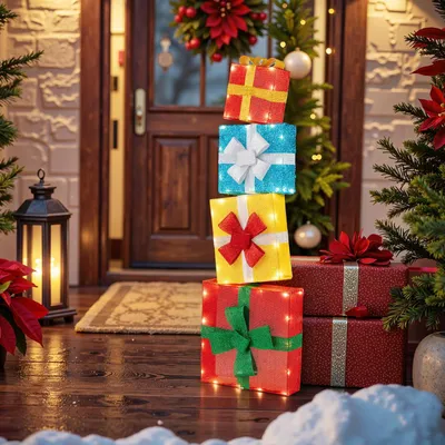 Produktbild von GOPLUS 120 cm Geschenkboxen Weihnachten, 4 stapelbare Weihnachtsdekoration mit 48 LED-Lichtern, Weihnachtsbeleuchtung wetterfest für innen & außen