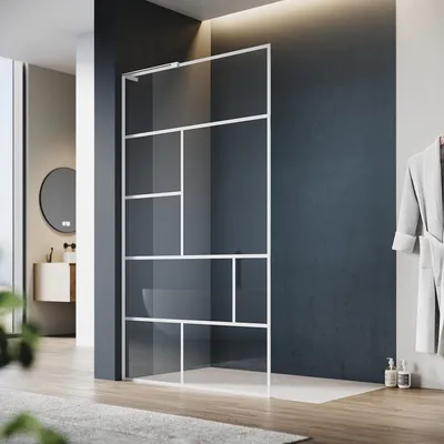 A modern bathroom with a walk-in shower.