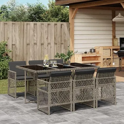 Produktbild von Rattan Gartenmöbel Set mit 6 Gartenstuhl Garten Sitzgruppe 6 Personen Polyrattan Sitzgruppe Essgruppe Outdoor Sitzgarnitur Gartengarnitur Rattanmöbel -Grau-7-tlg