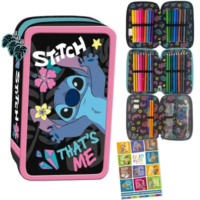 Produktbild von Federmäppchen 3 Fächer - Mäppchen für Mädchen - Federmappe 3-Fach Federtasche Gefüllte Schüleretui Schulmäppchen und Hausaufgabenheft - Stitch