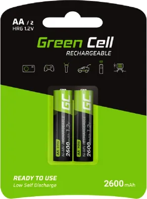 Produktbild von Green Cell 2600mAh 1.2V 2 Stck Vorgeladene NI-MH AA-Akkus - Akkubatterien AA/Mignon, sofort einsatzbereit, Starke Leistung, geringe Selbstentladung, wiederaufladbare Akku Batterie, ohne Memory-Effekt