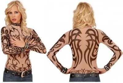 Front and back view of a woman wearing a long-sleeved mesh shirt with tribal tattoo-like prints.