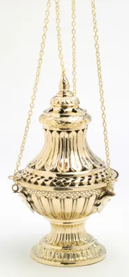 Produktbild von Weihrauchfass mit Kette zum Hängen aus Messing Gold poliert Höhe 30 cm mit Innenschale aus Stahl für die Räucherkohle
