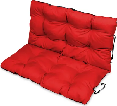 A red cushion set for a bench, shown from a diagonal angle against a white background.