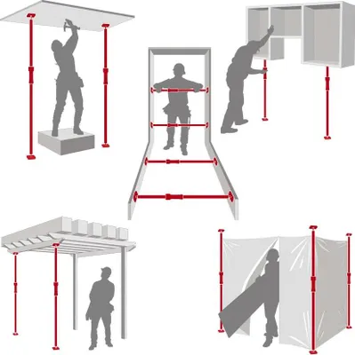 Multiple illustrations showing different uses of adjustable support poles for construction and DIY projects.
