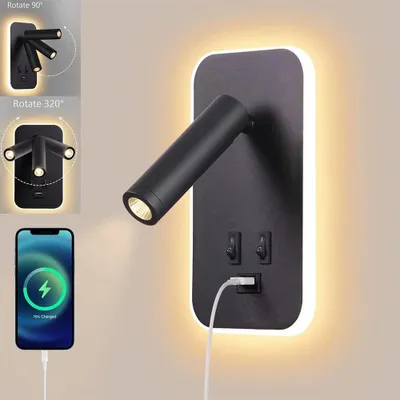Produktbild von LED Wandlampe Schwarz – Schwenkbare Leselampe Wandmontage Bettlampe Wandleuchte mit USB Ladefunktion für Schlafzimmer, Büro, Wohnzimmer